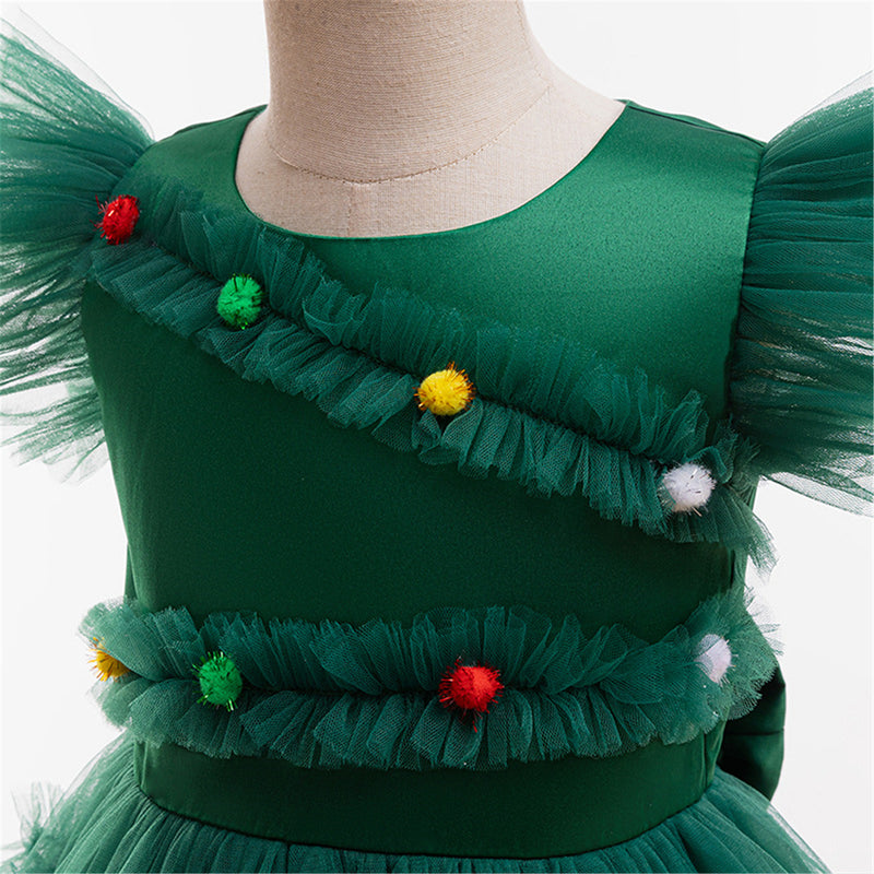 Child Girls Xmas Cosplay Costume Christmas Bow Knot Tutu Green Ruffles Dress - AwwwCos