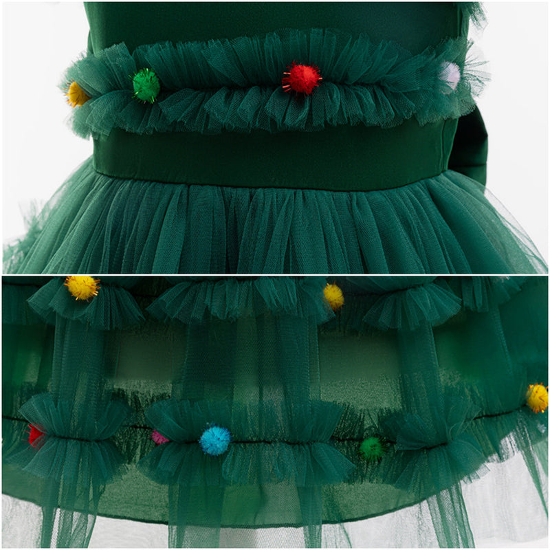 Child Girls Xmas Cosplay Costume Christmas Bow Knot Tutu Green Ruffles Dress - AwwwCos