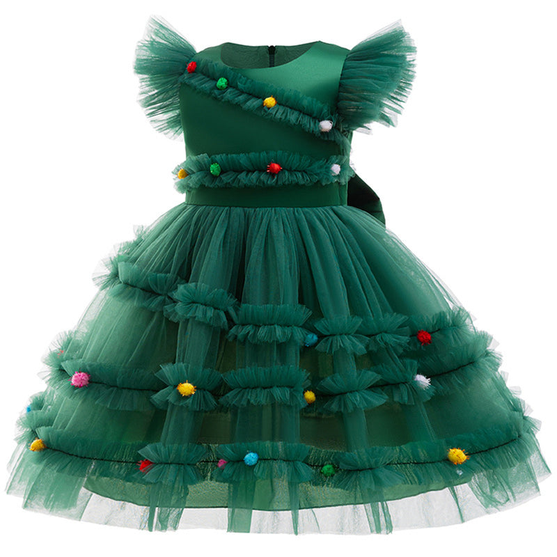 Child Girls Xmas Cosplay Costume Christmas Bow Knot Tutu Green Ruffles Dress - AwwwCos