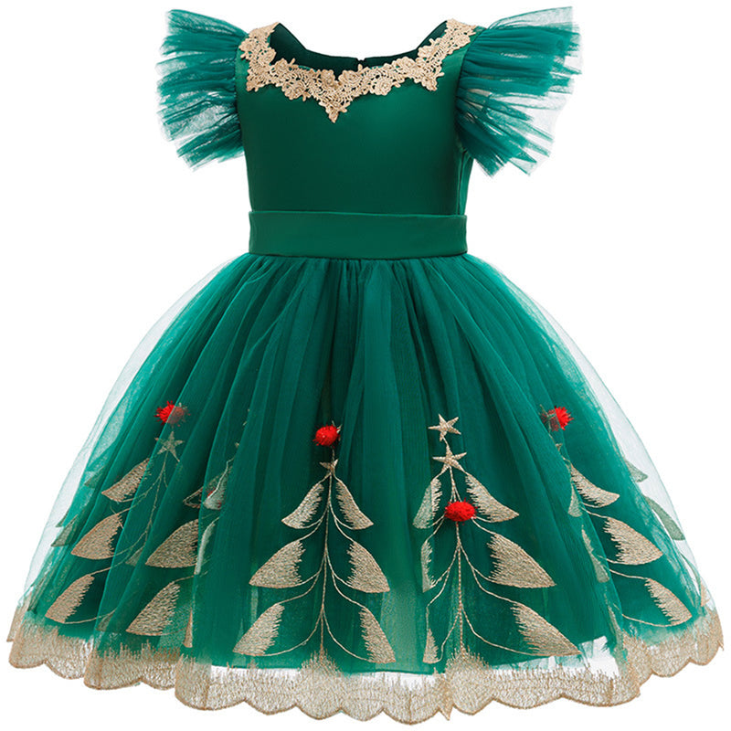 Child Girls Xmas Cosplay Costume Christmas Tree Embroidery Tutu Green Dress - AwwwCos