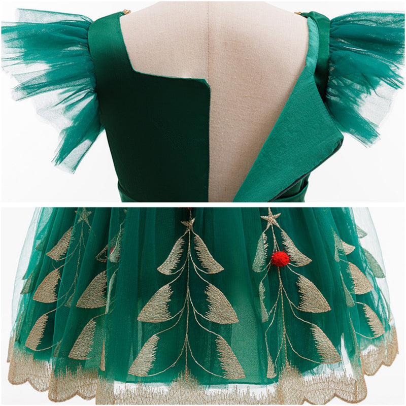 Child Girls Xmas Cosplay Costume Christmas Tree Embroidery Tutu Green Dress - AwwwCos