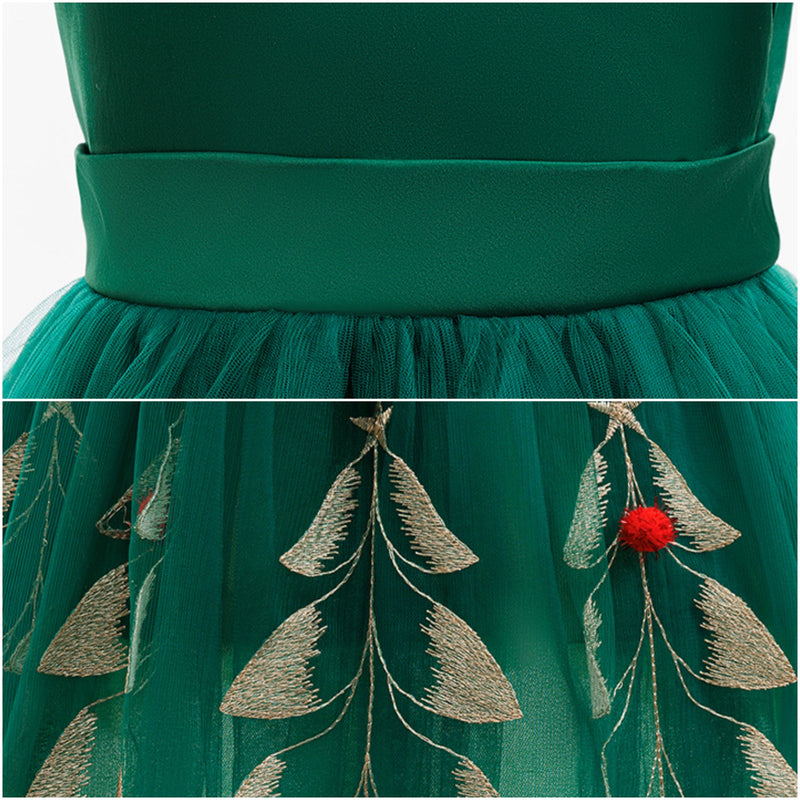 Child Girls Xmas Cosplay Costume Christmas Tree Embroidery Tutu Green Dress - AwwwCos