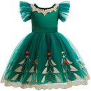 Child Girls Xmas Cosplay Costume Christmas Tree Embroidery Tutu Green Dress - AwwwCos