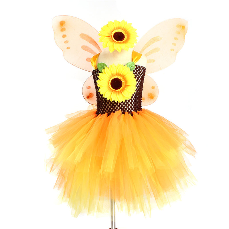 Children Girls Sunflower Cosplay Costume Gauze Dress with Headband Wing - AwwwCos