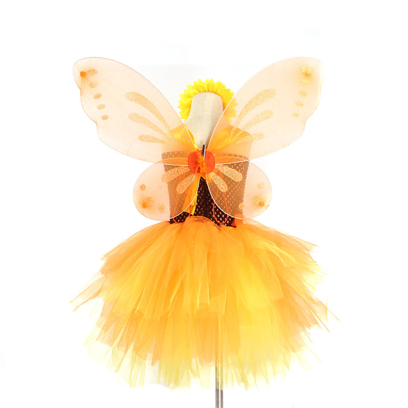 Children Girls Sunflower Cosplay Costume Gauze Dress with Headband Wing - AwwwCos
