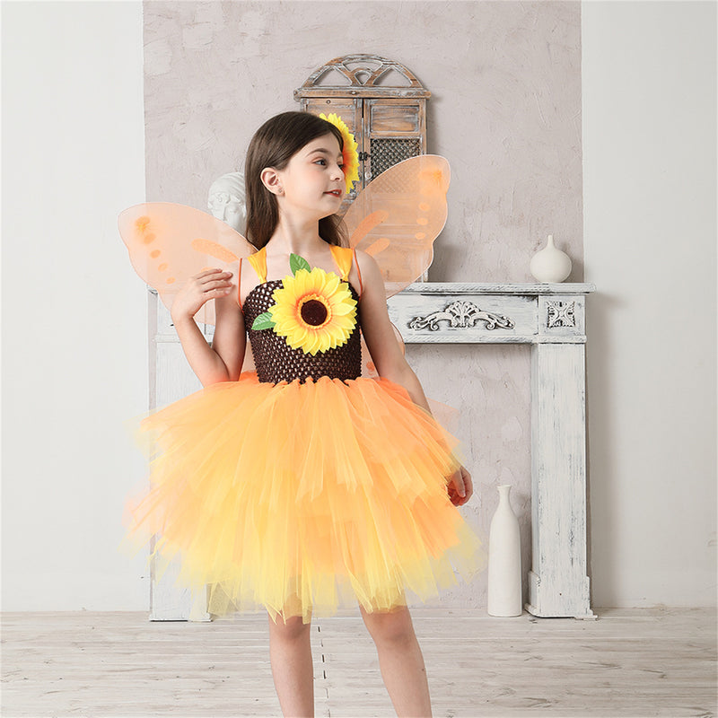 Children Girls Sunflower Cosplay Costume Gauze Dress with Headband Wing - AwwwCos