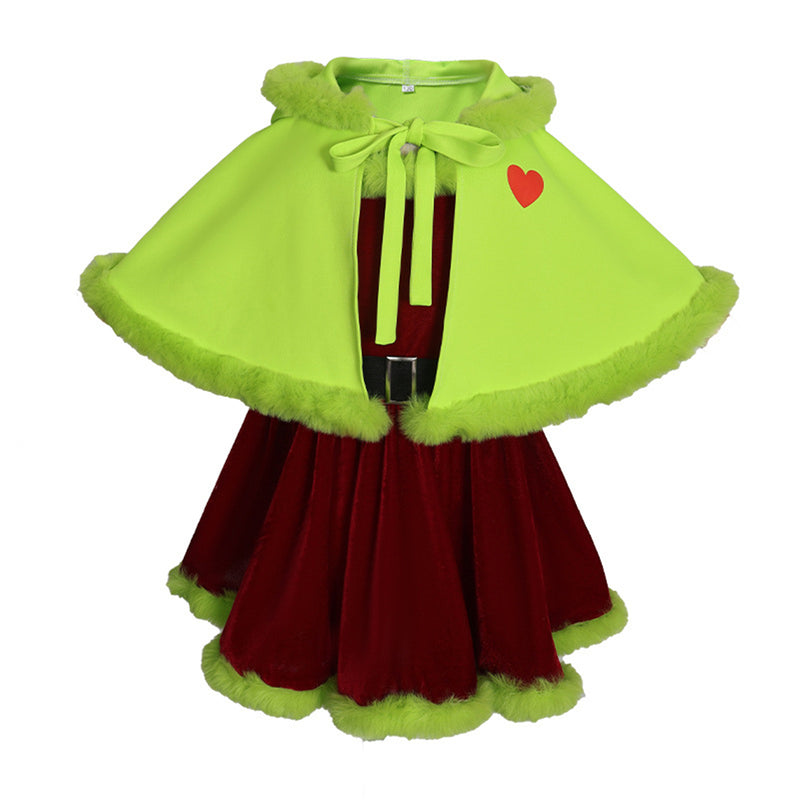 Christmas Elf Cosplay Costume Green Hooded Mini Cloak Brown Velvet Dress - AwwwCos