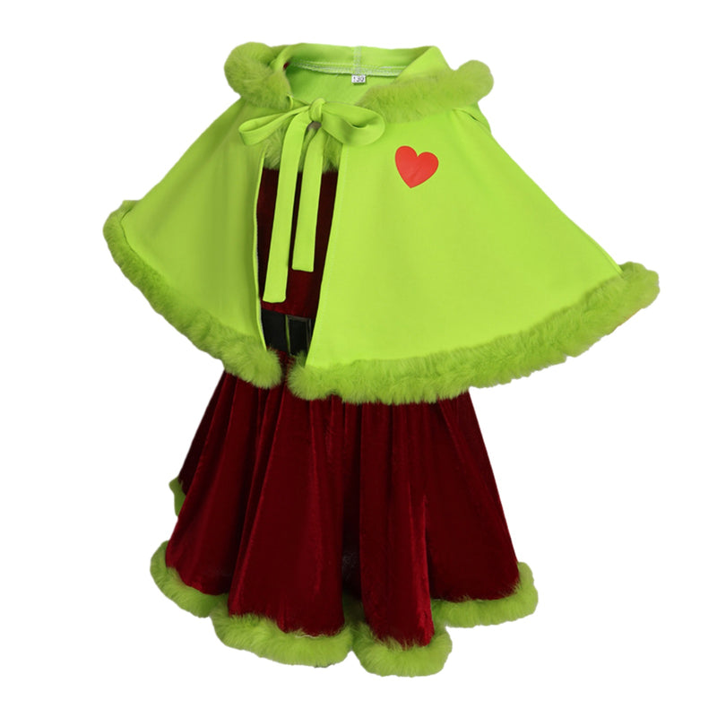 Christmas Elf Cosplay Costume Green Hooded Mini Cloak Brown Velvet Dress - AwwwCos