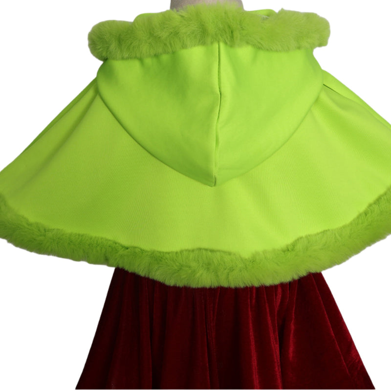 Christmas Elf Cosplay Costume Green Hooded Mini Cloak Brown Velvet Dress - AwwwCos
