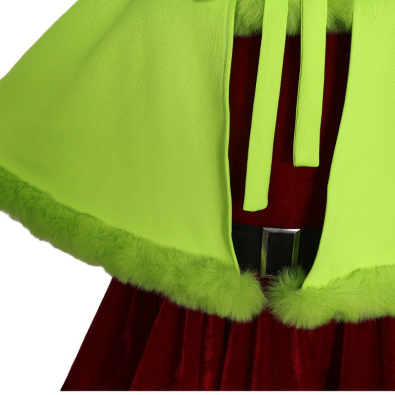 Christmas Elf Cosplay Costume Green Hooded Mini Cloak Brown Velvet Dress - AwwwCos