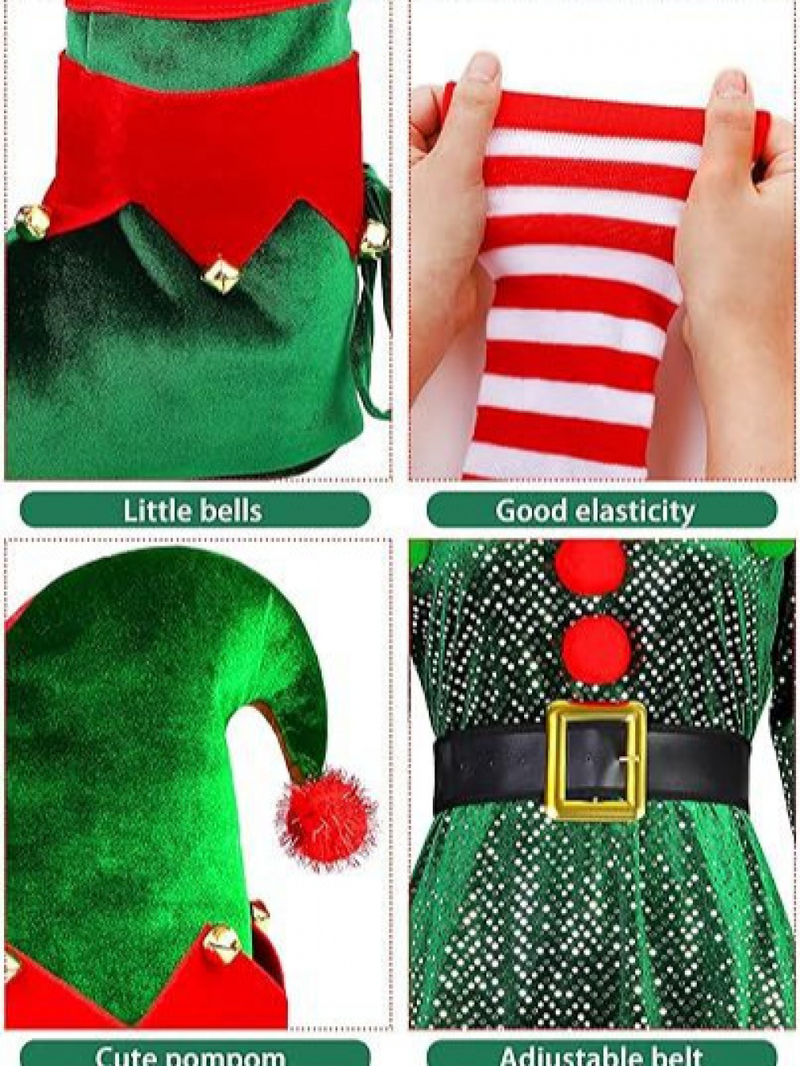 Christmas Elf Santa Cosplay Xmas Festival Outfit Dress Belt Hat Sock