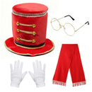 Christmas Nutcracker Soldier Cosplay Tall Top Hat Red Tassel Scarf Gloves Decorative Glasses