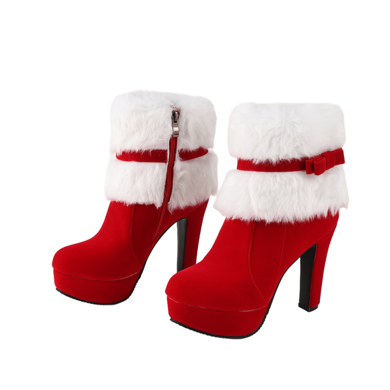 Christmas Santa Elf Cosplay Winter Fur Pointed Toe Suede High Heel Side Zipper Shoes - AwwwCos