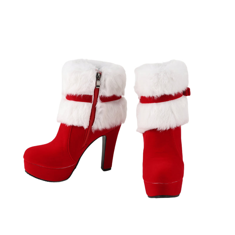 Christmas Santa Elf Cosplay Winter Fur Pointed Toe Suede High Heel Side Zipper Shoes - AwwwCos