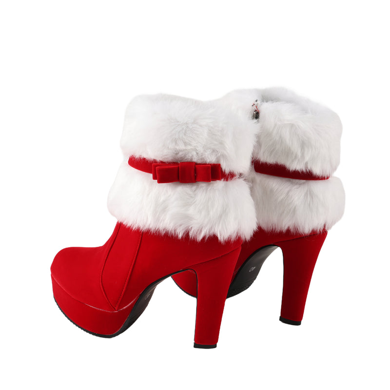 Christmas Santa Elf Cosplay Winter Fur Pointed Toe Suede High Heel Side Zipper Shoes - AwwwCos