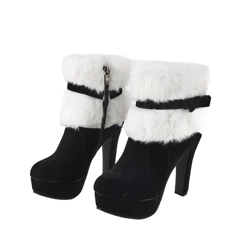 Christmas Santa Elf Cosplay Winter Fur Pointed Toe Suede High Heel Side Zipper Shoes - AwwwCos