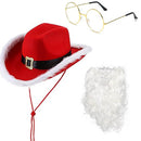 Christmas Hat Red Cowboy Hat White Beard Glasses Belt Gloves Set - AwwwCos