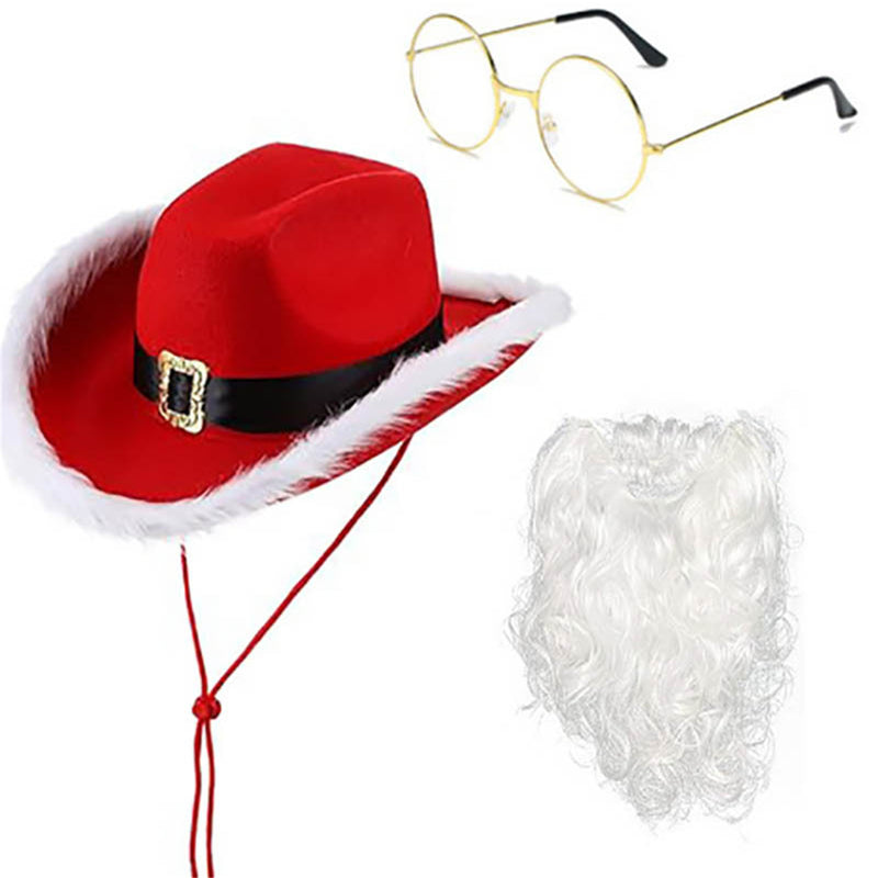Christmas Hat Red Cowboy Hat White Beard Glasses Belt Gloves Set