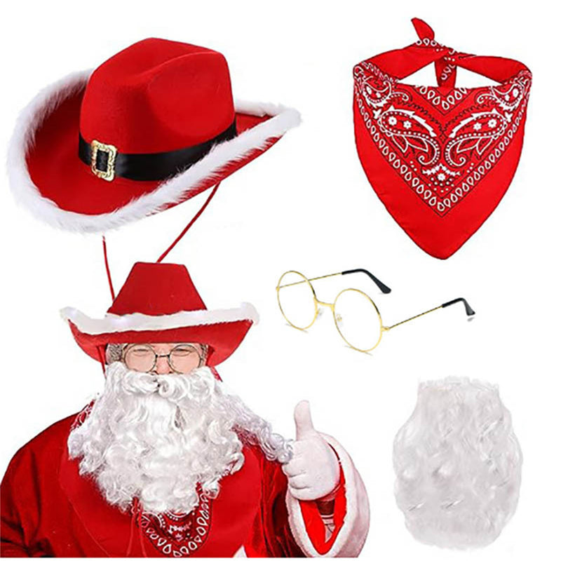 Christmas Hat Red Cowboy Hat White Beard Glasses Belt Gloves Set