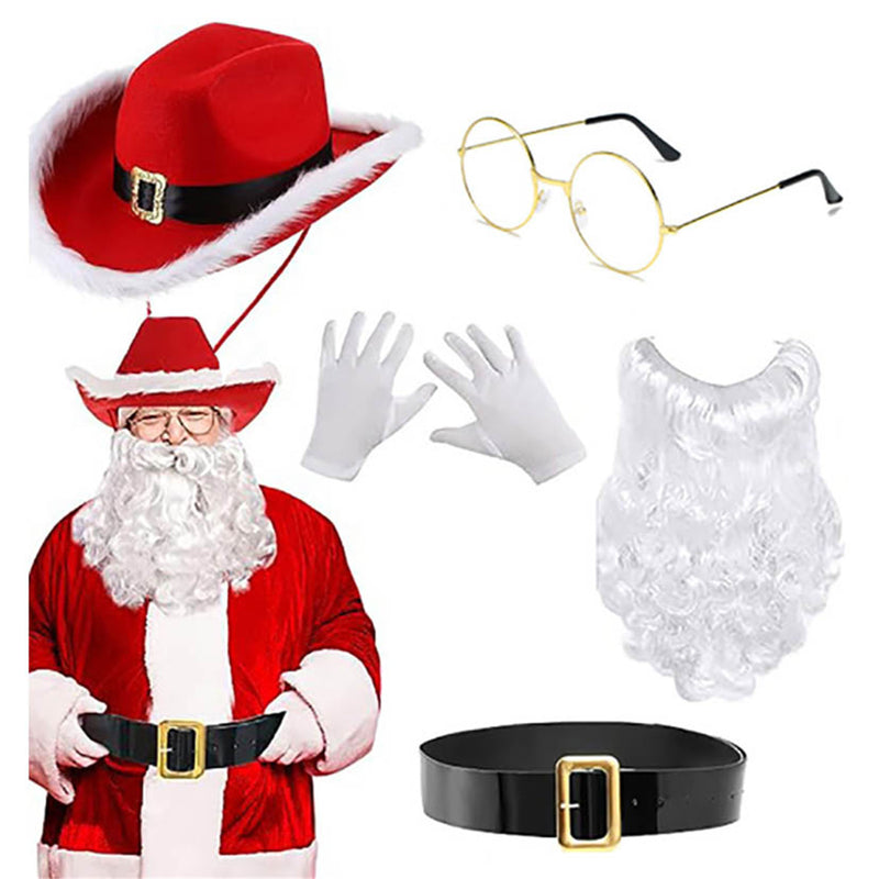 Christmas Hat Red Cowboy Hat White Beard Glasses Belt Gloves Set