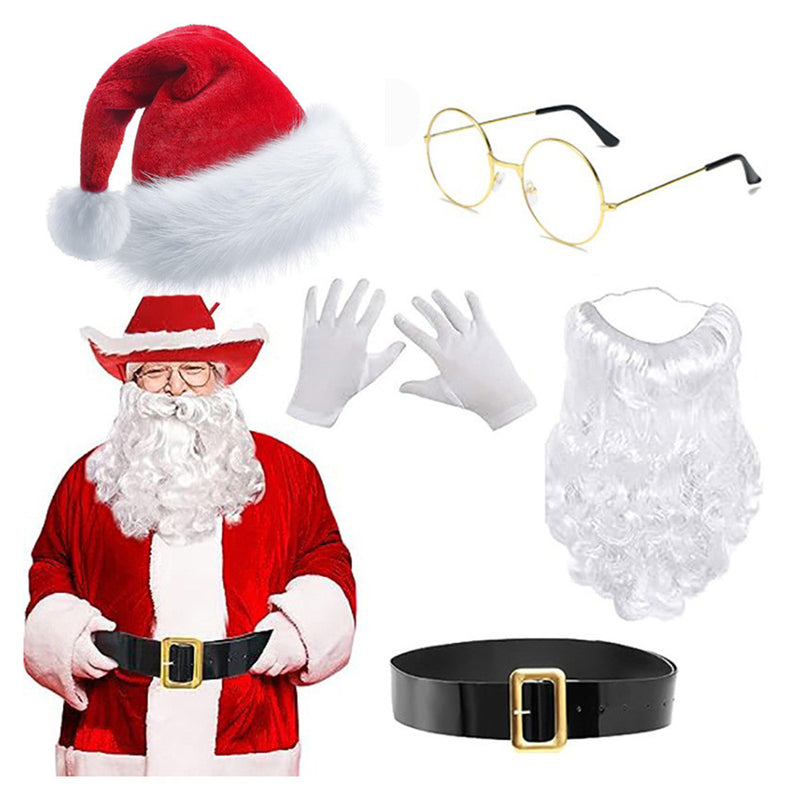 Christmas Hat Red Cowboy Hat White Beard Glasses Belt Gloves Set