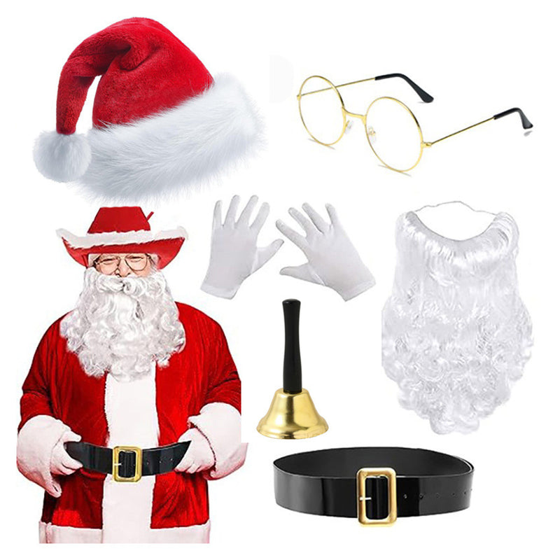 Christmas Hat Red Cowboy Hat White Beard Glasses Belt Gloves Set