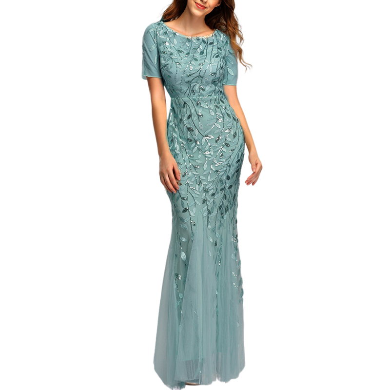 Crew Neck Shiny Tulle Bridesmaid Gown Mermaid Evening Wedding Guest Dress - AwwwCos