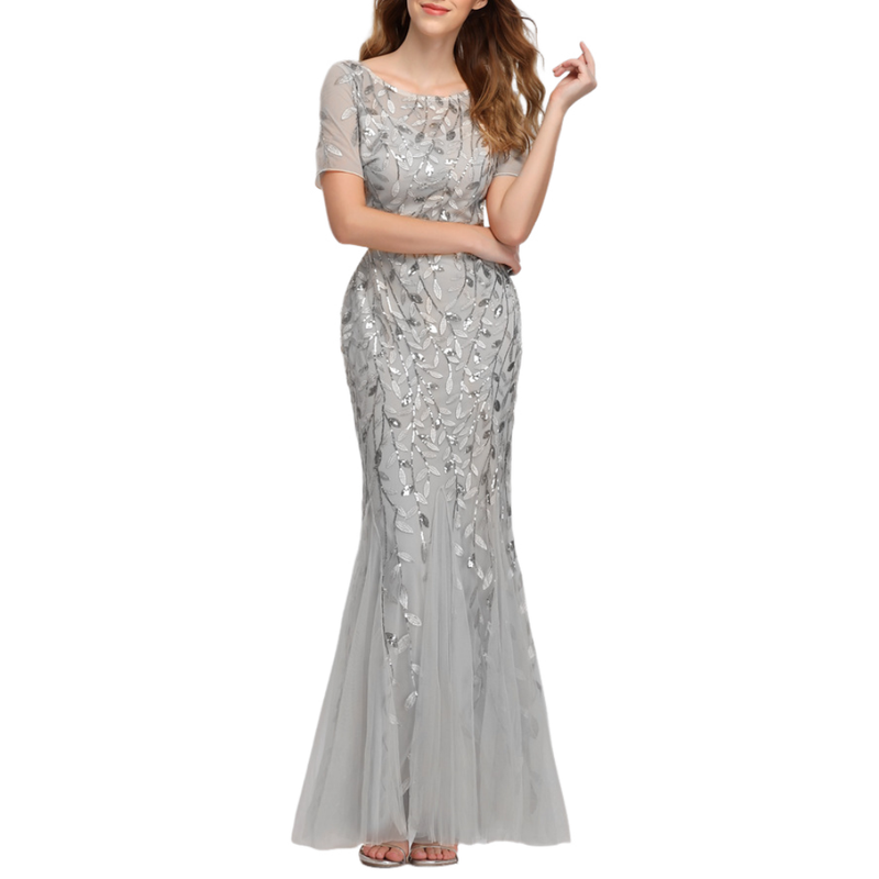 Crew Neck Shiny Tulle Bridesmaid Gown Mermaid Evening Wedding Guest Dress - AwwwCos