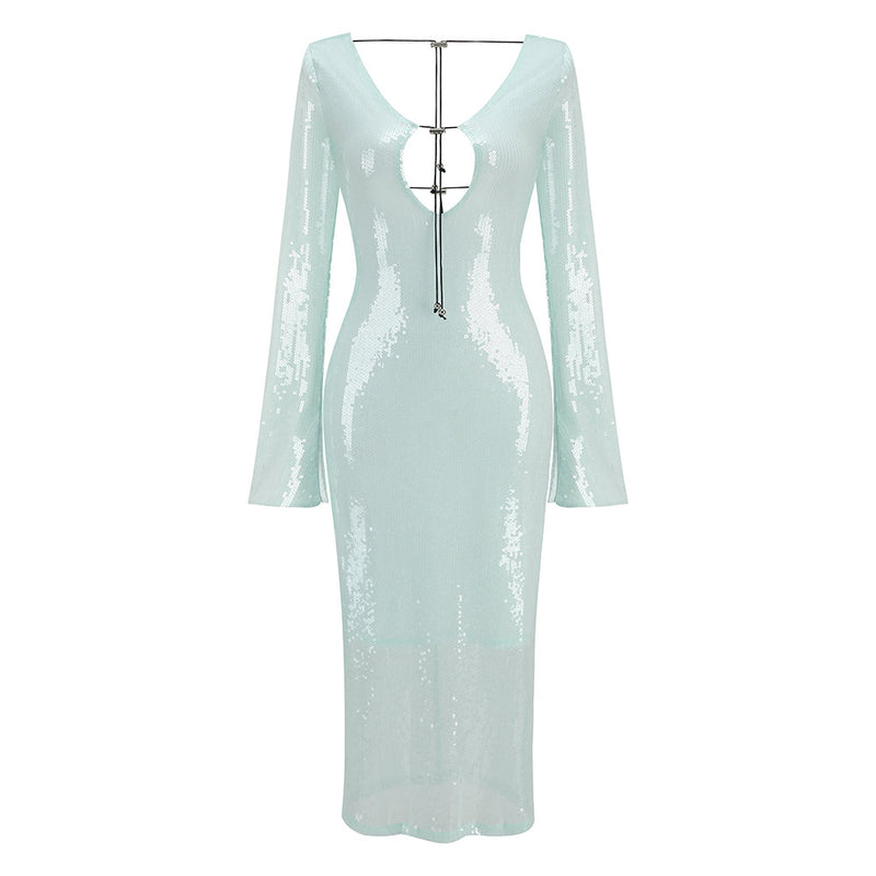 Deep V Dress with Drawstring Sequin Long Gown Evening Dress