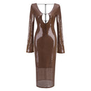 Deep V Dress with Drawstring Sequin Long Gown Evening Dress - AwwwCos