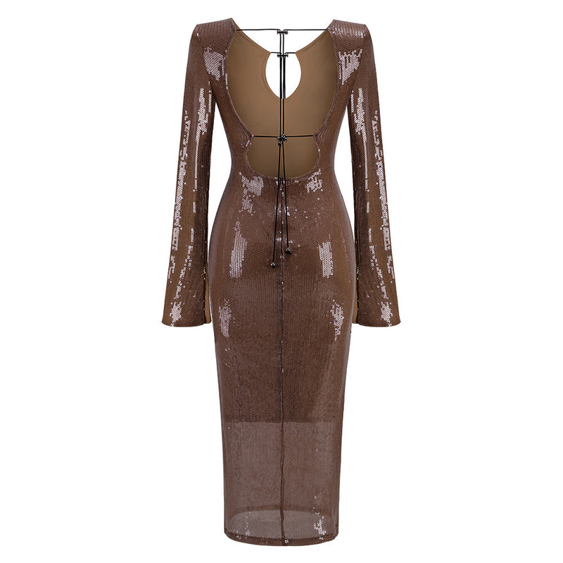 Deep V Dress with Drawstring Sequin Long Gown Evening Dress