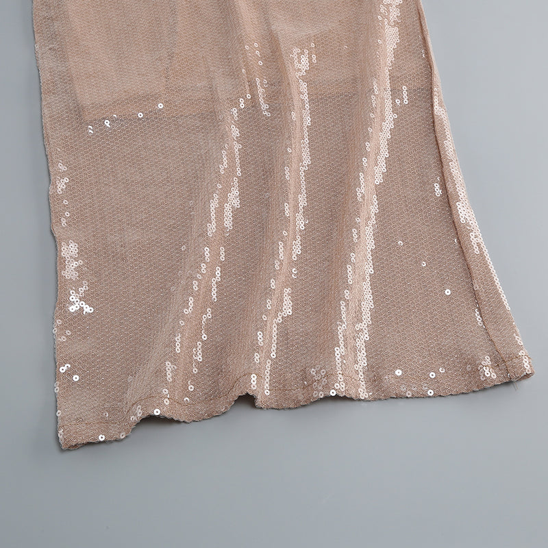 Deep V Dress with Drawstring Sequin Long Gown Evening Dress