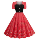 Dot Square Collar Short Sleeve Print Tight Waist Large Swing Dress - AwwwCos