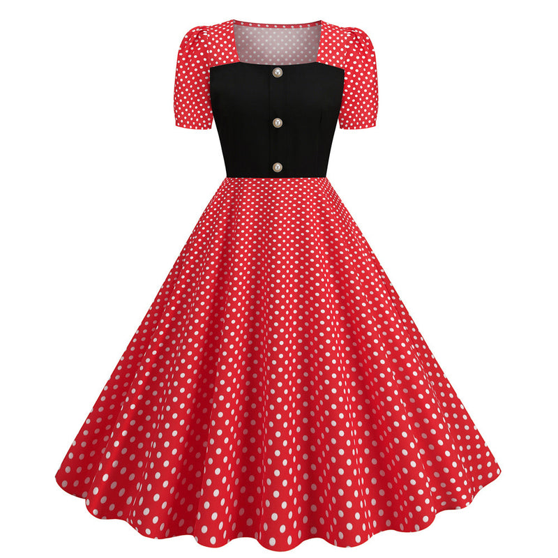 Dot Square Collar Short Sleeve Print Tight Waist Large Swing Dress