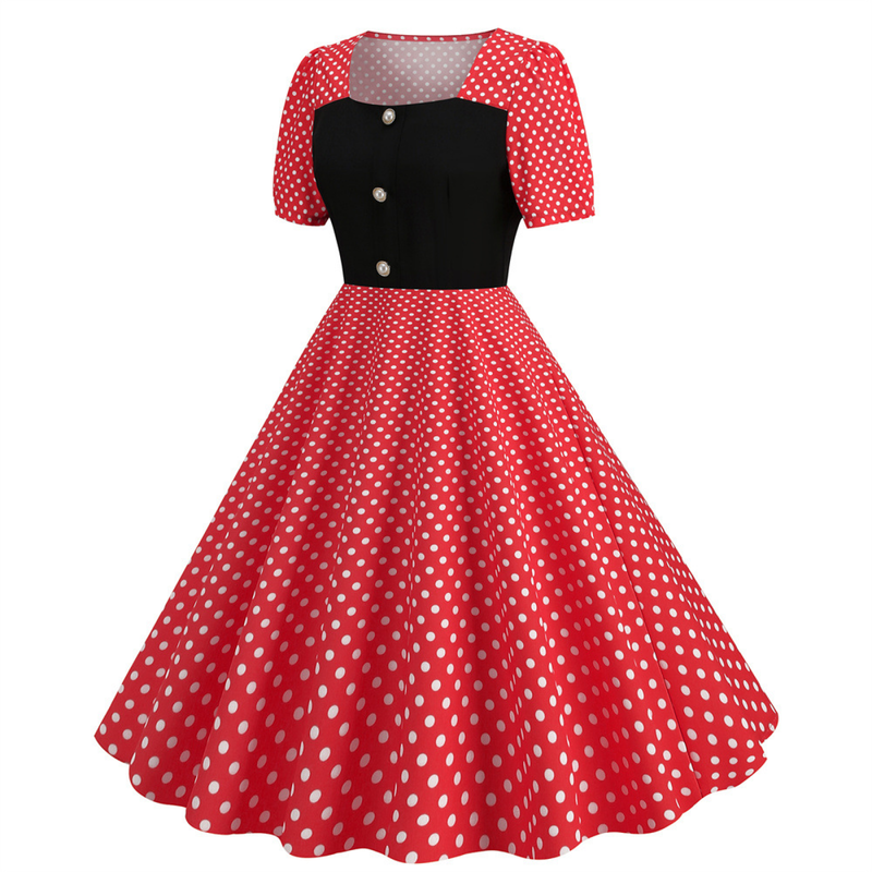 Dot Square Collar Short Sleeve Print Tight Waist Large Swing Dress