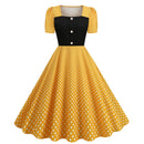 Dot Square Collar Short Sleeve Print Tight Waist Large Swing Dress - AwwwCos