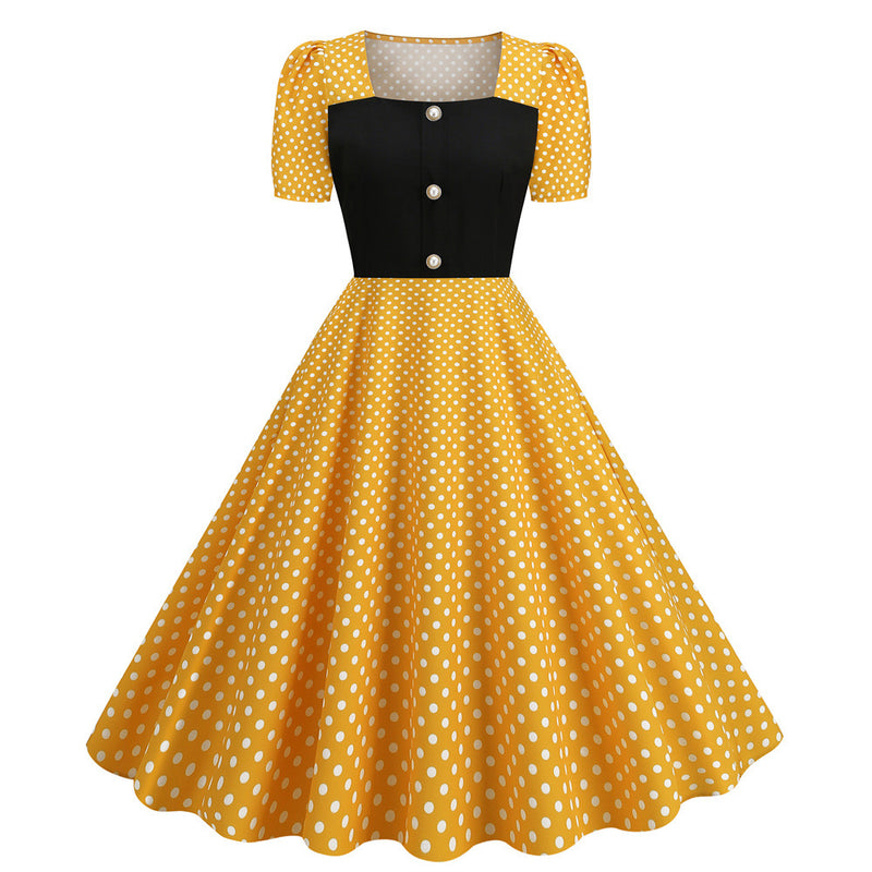 Dot Square Collar Short Sleeve Print Tight Waist Large Swing Dress