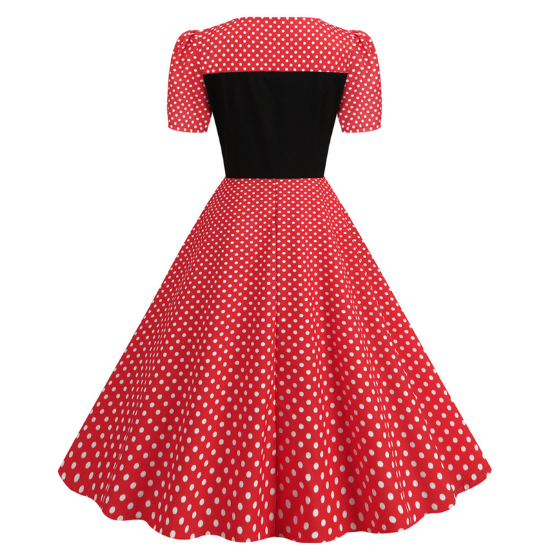 Dot Square Collar Short Sleeve Print Tight Waist Large Swing Dress
