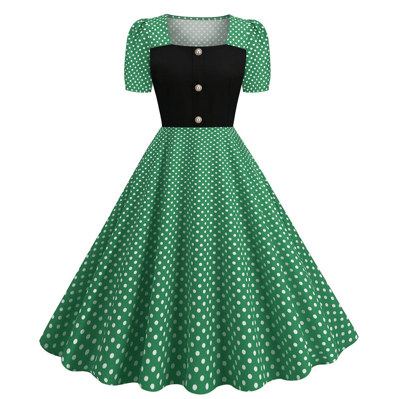 Dot Square Collar Short Sleeve Print Tight Waist Large Swing Dress