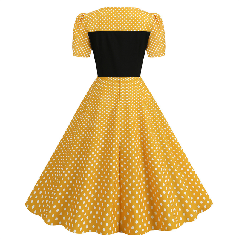 Dot Square Collar Short Sleeve Print Tight Waist Large Swing Dress