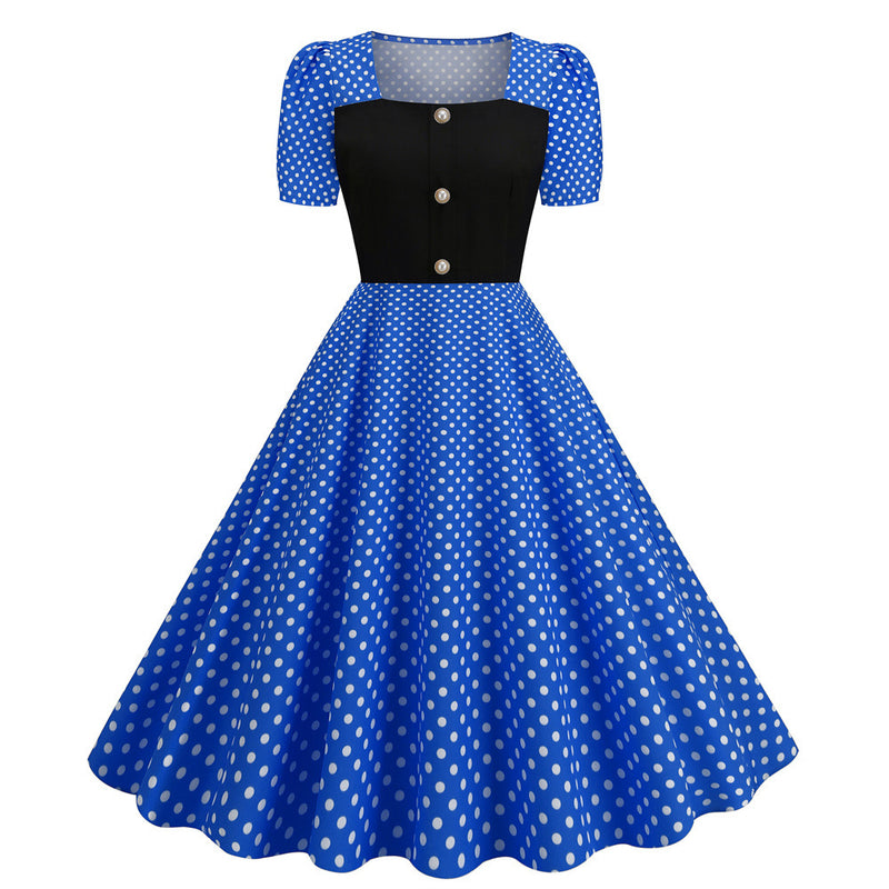 Dot Square Collar Short Sleeve Print Tight Waist Large Swing Dress