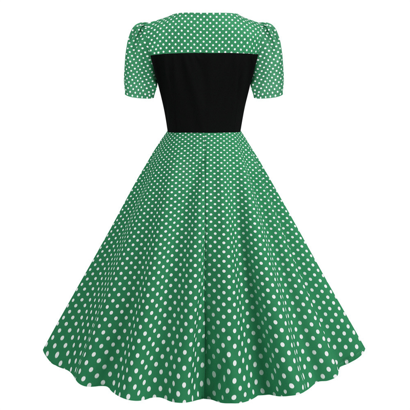 Dot Square Collar Short Sleeve Print Tight Waist Large Swing Dress
