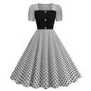 Dot Square Collar Short Sleeve Print Tight Waist Large Swing Dress - AwwwCos