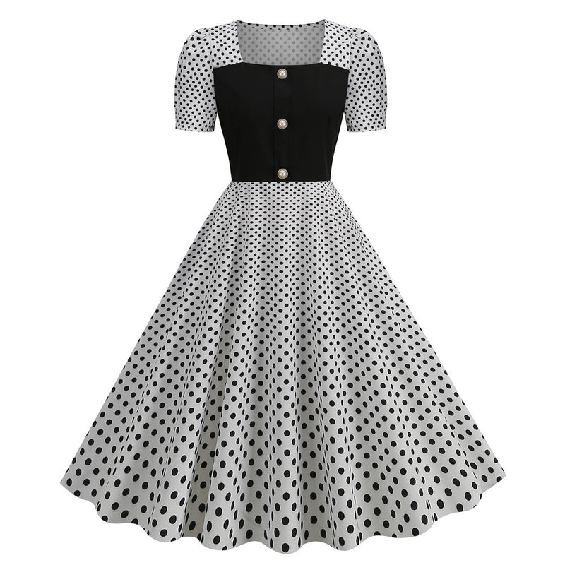 Dot Square Collar Short Sleeve Print Tight Waist Large Swing Dress