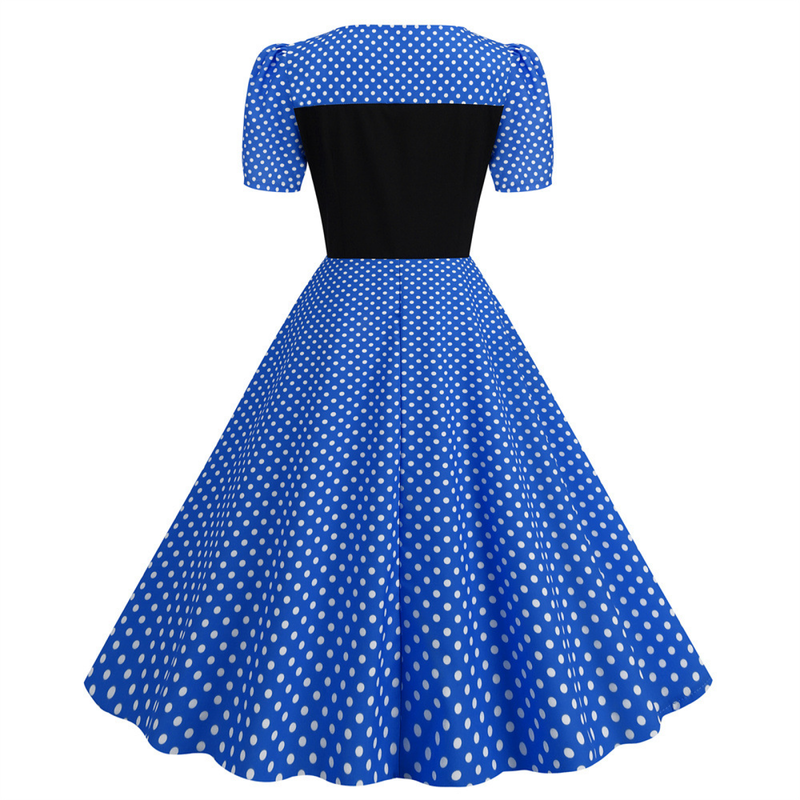 Dot Square Collar Short Sleeve Print Tight Waist Large Swing Dress