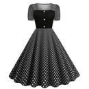 Dot Square Collar Short Sleeve Print Tight Waist Large Swing Dress - AwwwCos
