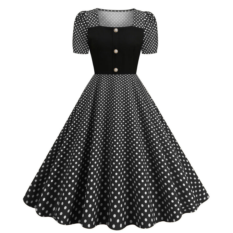 Dot Square Collar Short Sleeve Print Tight Waist Large Swing Dress
