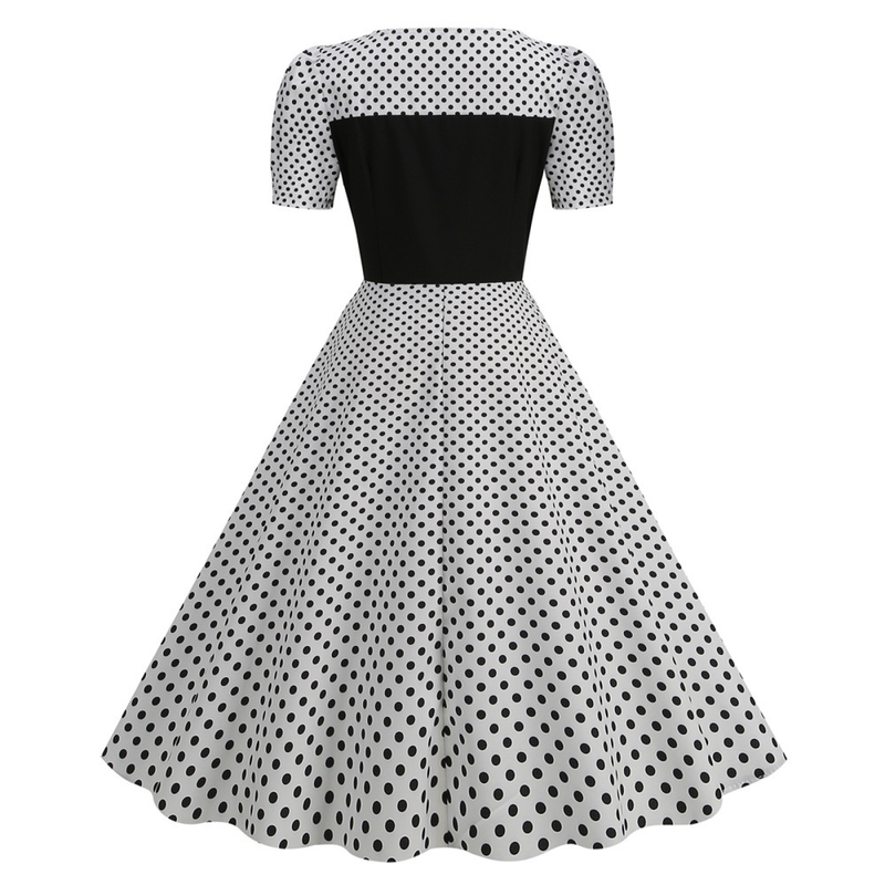 Dot Square Collar Short Sleeve Print Tight Waist Large Swing Dress