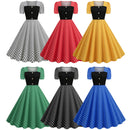 Dot Square Collar Short Sleeve Print Tight Waist Large Swing Dress - AwwwCos