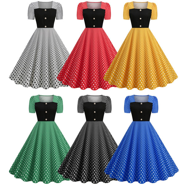 Dot Square Collar Short Sleeve Print Tight Waist Large Swing Dress